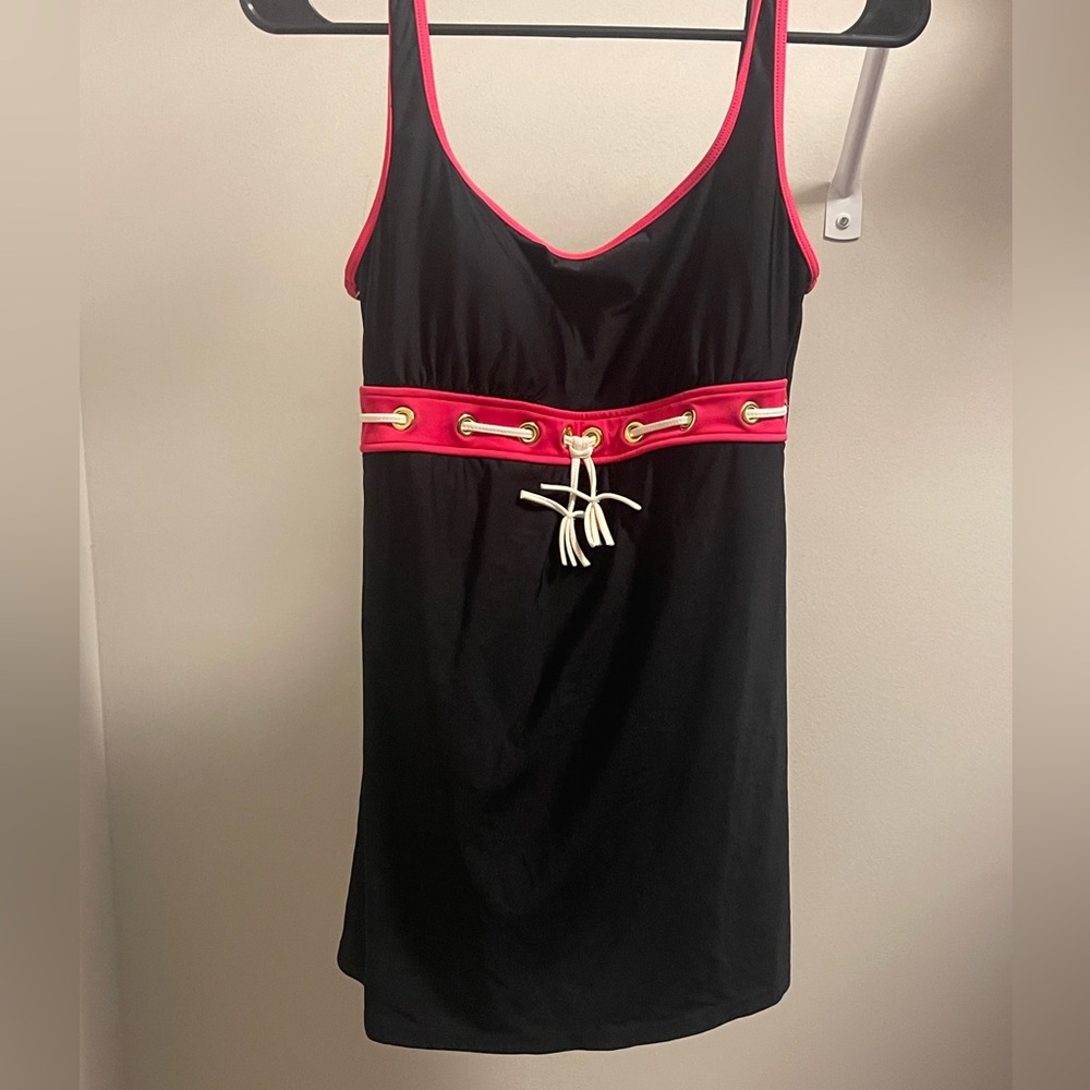 Eco Swim Dress with hot pink and white details